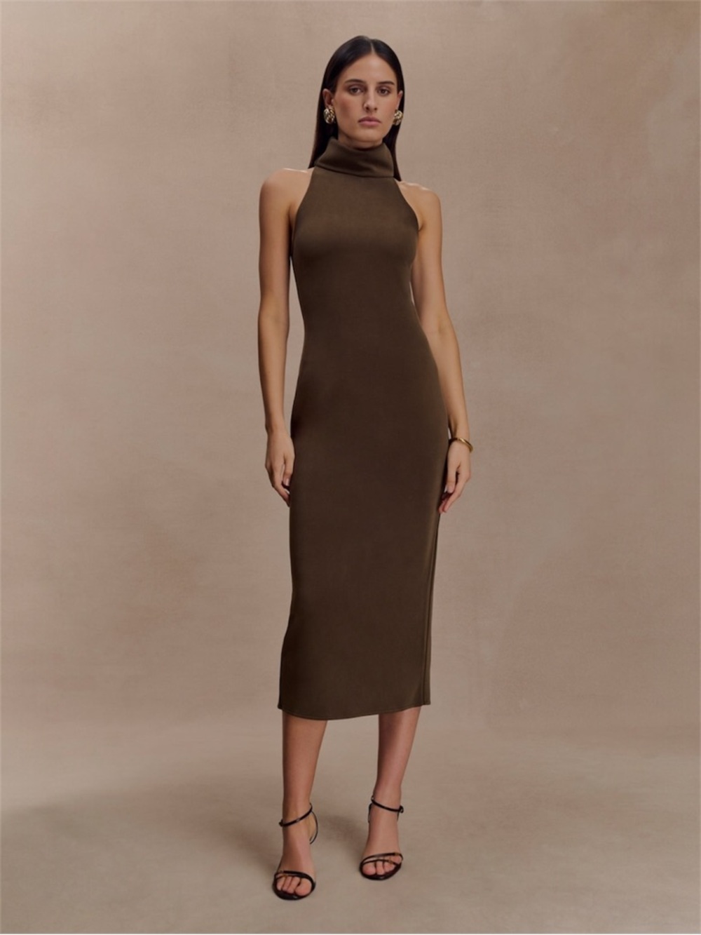 NWT Meshki Kennedy High Neck Midi Dress Chocolate